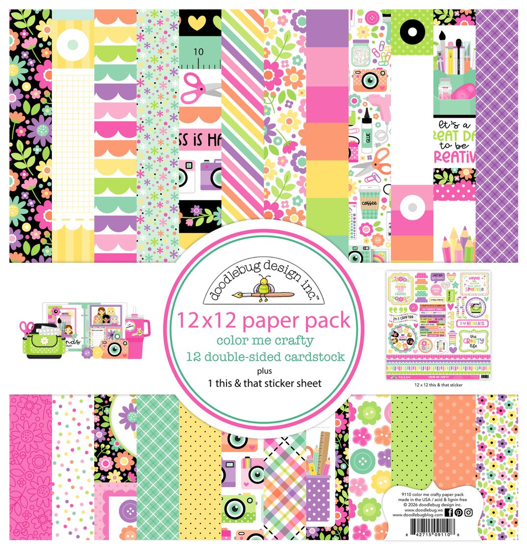 Doodlebug Double-Sided Paper Pack 12"X12" 12/Pkg - Color Me Crafty